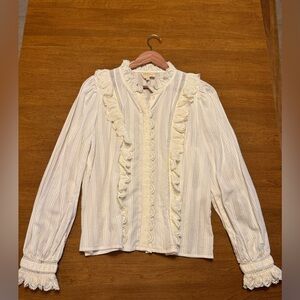 Sézane Chemise Mari-anella Organic Cotton Long Sleeve Stripe Ruffle Blouse 46